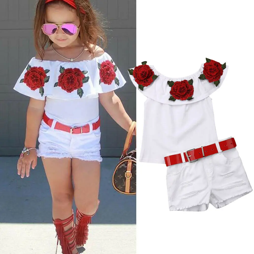 

Fashion Kids Baby Girl Off Shoulder 3D Embroidery Flower Tops Belt Ripped Pants Shorts Skirt Outfit Clothes Set 1-7Years