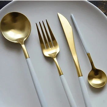 

Hot Sale 4 Pcs/set White Gold European Knife Dinnerware 304 Stainless Steel Western Cutlery Bone China Dinnerware Sets 3DCJS08