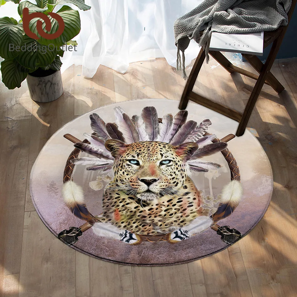 

BeddingOutlet Leopard Floor Mat Dreamcatcher Non-slip Round Carpet 3D Animal Tribal Soft Area Rugs 150cm Feather Print alfombra