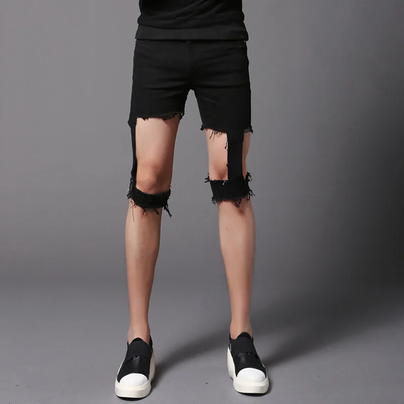 

Men fashion sexy ripped hole black shorts punk short pants mens nightclub casual vintage hip hop shorts bermuda singer costume