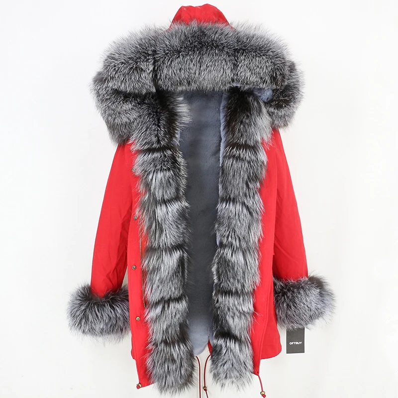 red silver Длинные парки, парка из натурального меха, зимняя куртка, пальто для женщин, натуральный мех серебристой лисы, капюшон, Толстая теплая уличная одежда, отстегивается, Новинка - Цвет: red silver