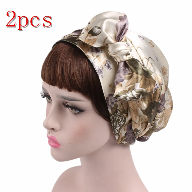 2pcs beige flower 1/2/5/10 шт Мягкий шелк душ Кепки s ночного сна душ Кепки Регулируемый ухода за длинными волосами капота тюрбан шапка аксессуары 58 см - Цвет: 2pcs beige flower