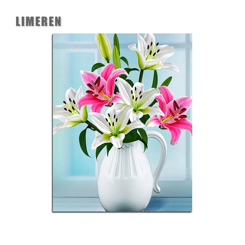 

Flowers Lilies In Vase DIY Hand Painted Canvas Oil Coloring By Number Modular Wall Picture Painting By Numbers For Home Decor