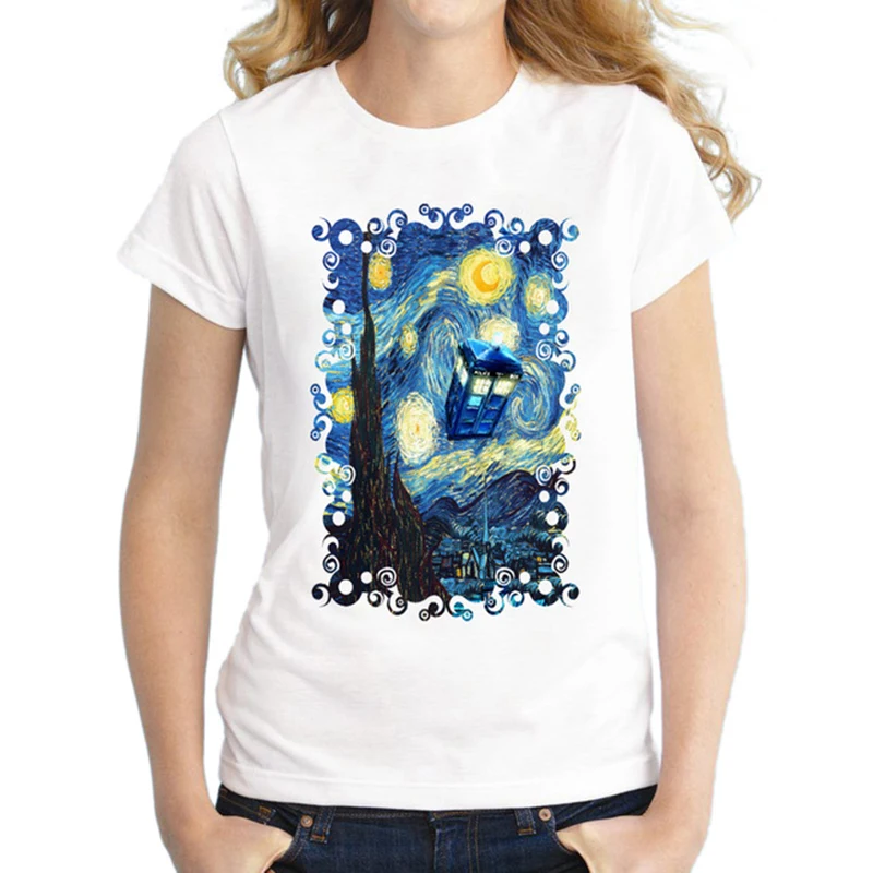 

Women Doctor Who T-Shirt Short Sleeve Casual Tops Novelty Blue Phone Booth Starry The Night Printed T Shirts Fashion Tee