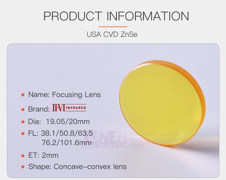 II-VI, инфракрасный, США, CVD, ZnSe, фокусировка объектива, диаметр 19, 05 мм, 20 мм, фокусное расстояние, 38,1, 50,8, 63,5, 76,2, 101,6 мм, для CO2 лазерной резки