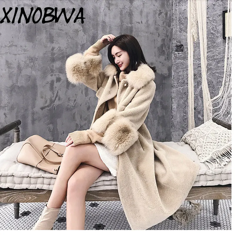 

New Winter Women's Fashion Large Natural Fox Fur Hooded Sheared Sheep Wool Coats Blends Female Elegant Thick Warm Parkas Jackets