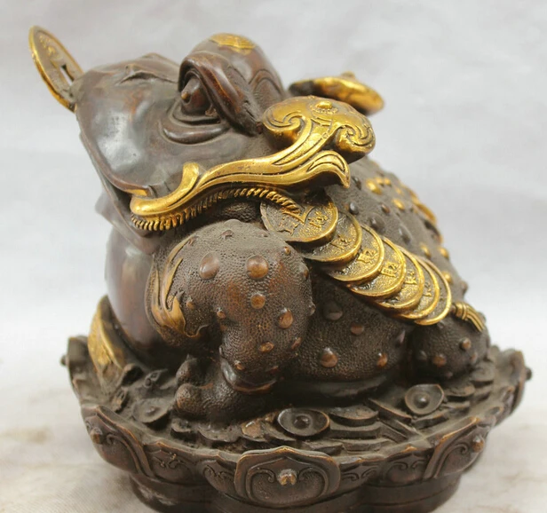 

JP S0524 8" Chinese Bronze Gild Folk FengShui Wealth Golden Toad Spittor Statue sculpture B0403