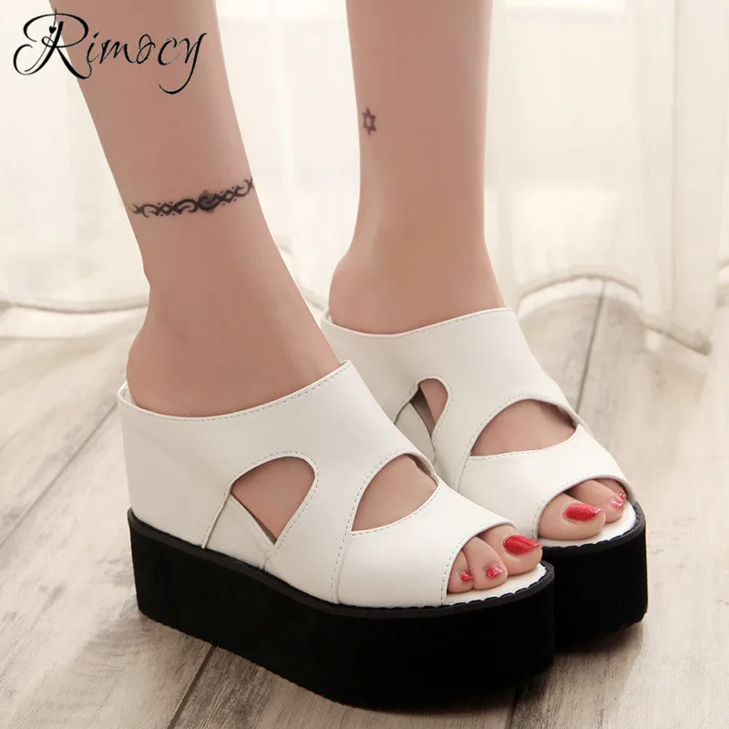 

Rimocy solid pu sandals women high platform wedges slippers femme flat peep toe slip on slides mujer 2019 new summer shoes woman