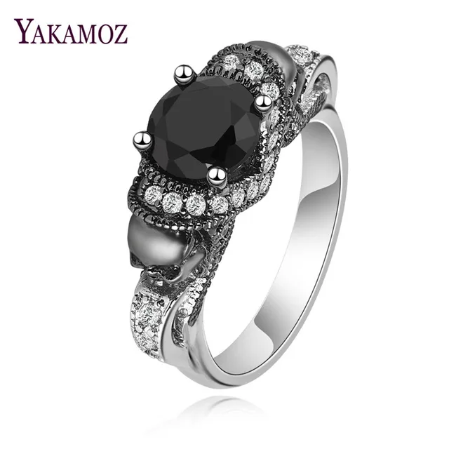 Yakamoz Punk Skull Rings Black Zircon Women Wedding Ring Love Heart Yakamoz Punk Skull Rings Black Zircon Women Wedding Ring Love Heart Silver Color Jewelry Rock