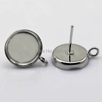 

Blank Stud Earrings Base Round Deep wall cups Bezel with Loop Side Cabochon pin Earrings post Settings DIY Findings Rhodium tone