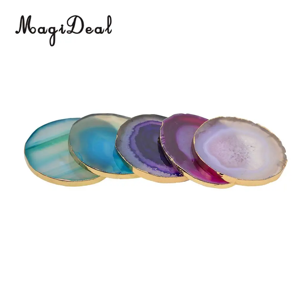 5 Colors Natural Agate Slices, Coasters, Cup Mats, Gold Edge, Crystals Geode Stones Home Decorations, 60-80mm