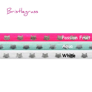 

BRISTLEGRASS Wholesale 50 Yard 5/8" 15mm Silver Foil Cat Print Foldover Elastic FOE Spandex Satin Band Headband Dress DIY Sewing