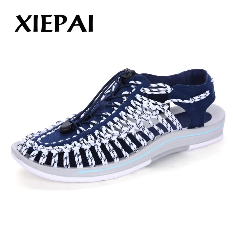 baratas XIEPAI Tecelagem Superior Homens Verão Sandálias Tamanho Grande 38 46 Qualidade Masculino Confortável Respirável Sapatos Sandálias de Praia de Água