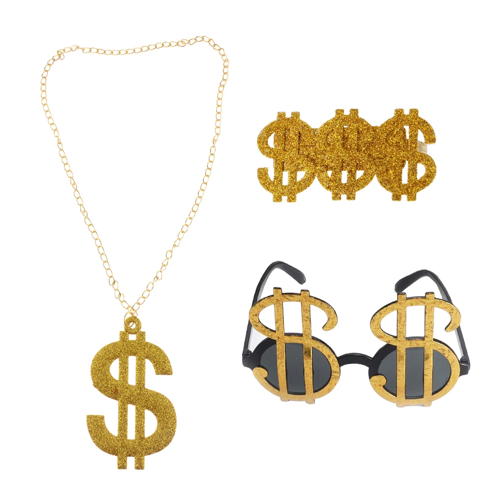 

3pcs/set Shiny Golden Dollar Sign Money Pendant Necklace Glasses Ring Mens Funny Pimp Gangster Rapper Fancy Costume Prop