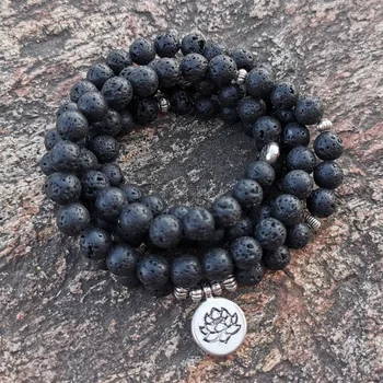 

8mm Natural Lava Stone 108 Buddha Mala Bracelet or Necklace Yoga Mala wrap Bracelet for Women Lotus Jewelry