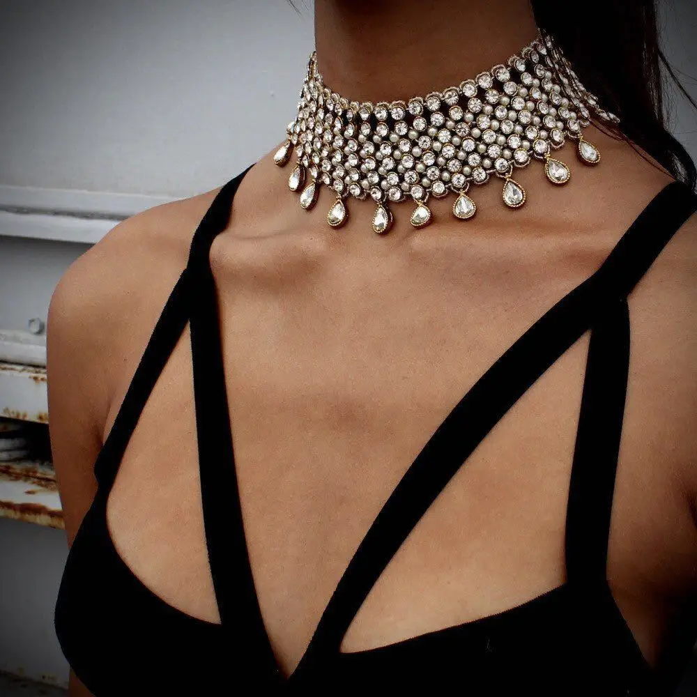 

Boho Water Drop Crystal Gem Collar Choker Bead Pendant Charm Ethnic Bridal Statement Luxury Rhinestone Accessories N44331