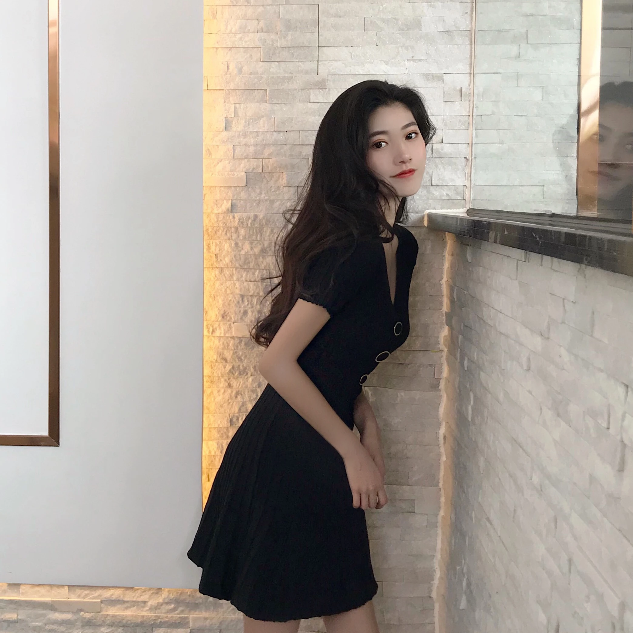 Женское трикотажное платье с V образным вырезом на пуговицах|knitted dress|a-line dressdresses
