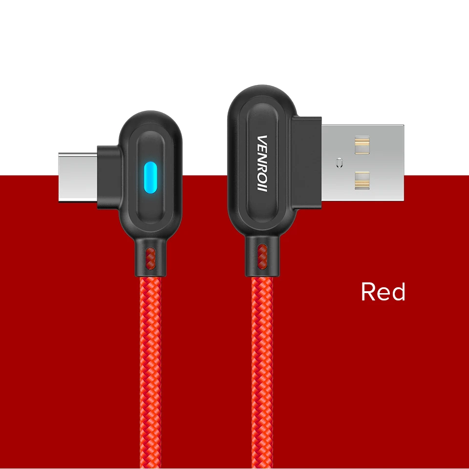 Venroii кабель usb type C 1 м светодиодный кабель для быстрой зарядки и синхронизации данных для samsung huawei Xiaomi 90 градусов Android мобильный телефон игры Kable - Цвет: Red