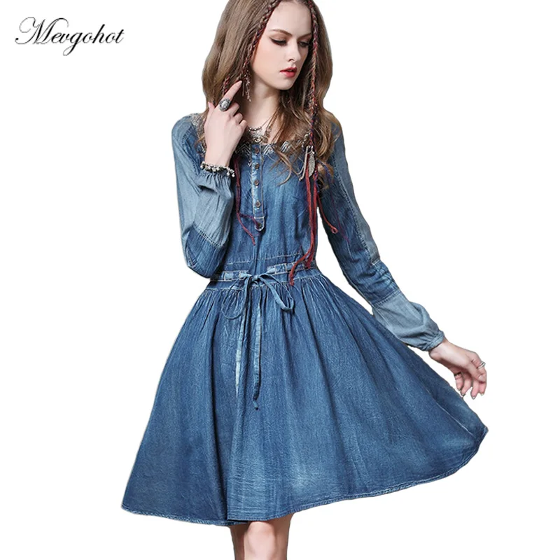 Buy Women Vintage Embroidery Denim Bohemian Dress