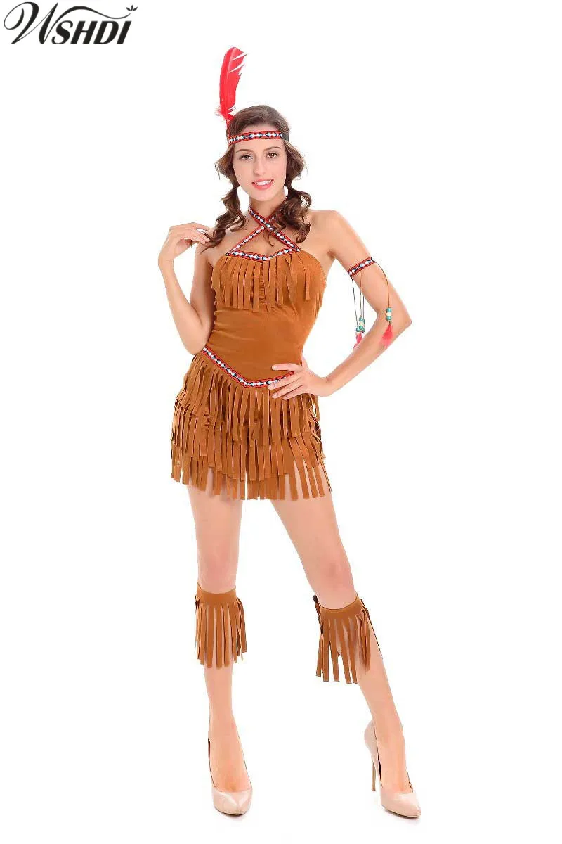 

Ladies Pocahontas Native American Indian Wild West Fancy Dress Party Costume Gypsy Savage Hunter Uniform