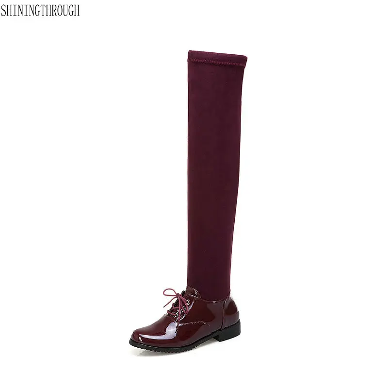 

women over the knee high boots 3cm low heels ladies shoes stretch fabric spring autumn boots woman large size 42 43