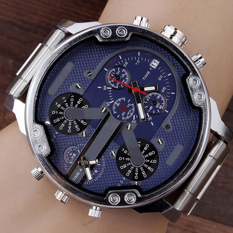 

Male Motion Quartz Watch Fine Steel Watch Band Dual Timezone Large Dial Automatic Date Military Motion Extravagant Brand Watch