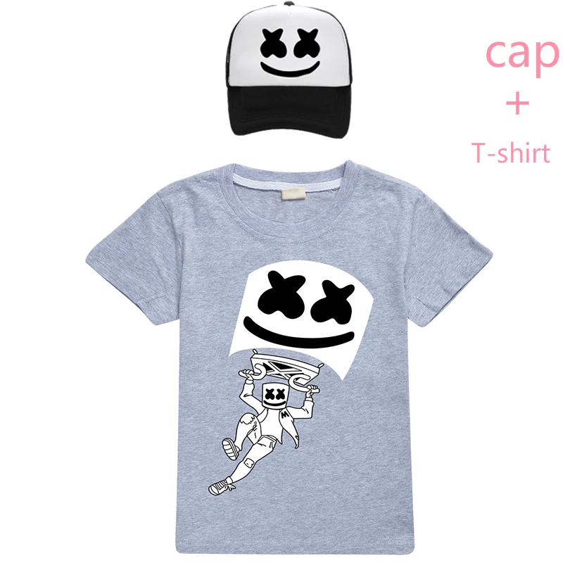 

Marshmello Kids Sweatshirts Summer Fortnight Hoodie Top Modis Cartoon DJ Print T-shirt+Caps For Girls Boys Shirts Cotton Clothes