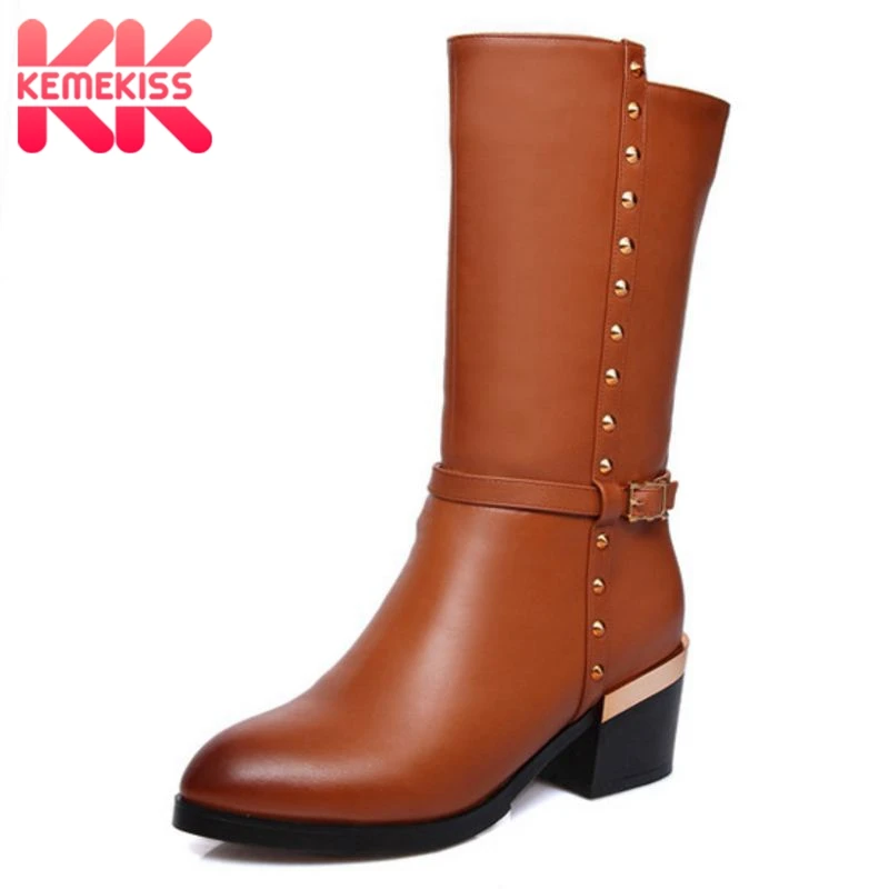

KemeKiss size 33-44 women real genuine leather high heel calf boots half short boot snow warm botas heels footwear shoes R8037