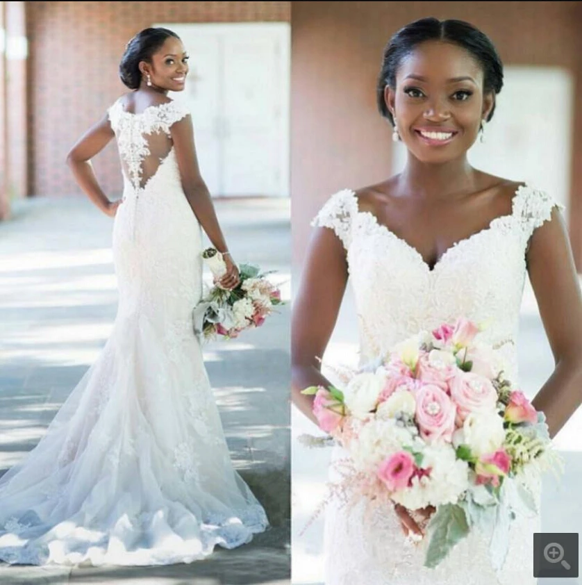 

2019 new design mermaid white lace appliques stylish wedding dress cap sleeve v neck stylish wedding gowns best selling