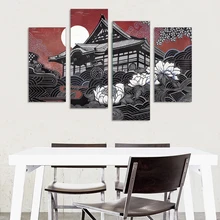 Художественный плакат на холсте, украшение дома на стене, картины 4 шт., японский стиль, пейзаж, модульная морская волна, картина маслом для гостиной