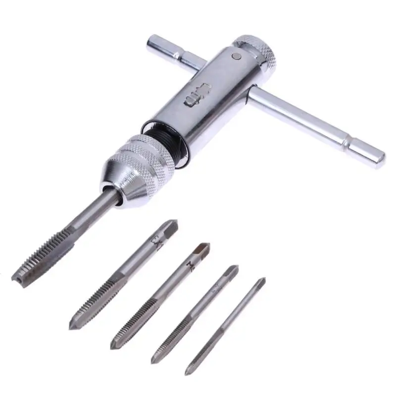 

3-8mm T-Handle Ratchet Tap Wrench with 5Pcs M3-M8 Machine Screw Thread Metric Plug Tap Machinist Tool 36#