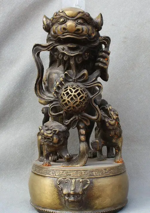 

Details about 11" Old Chinese Copper Lion Foo Dog Beast Son On Drum Play Ball Statue Sculpture