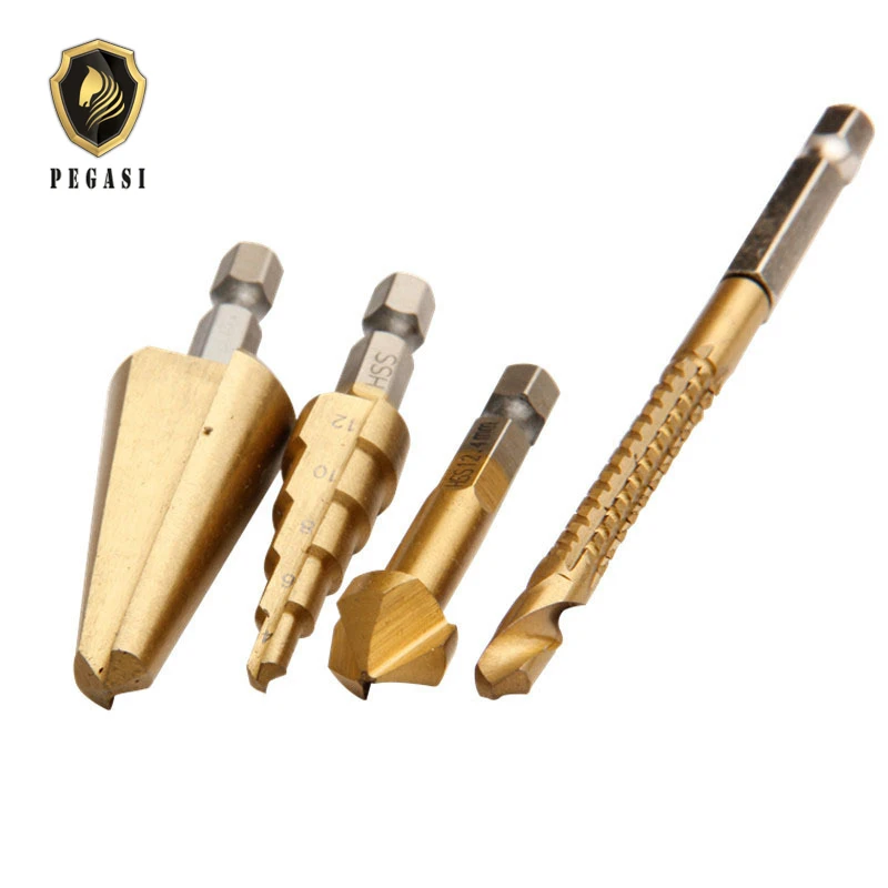 PEGASI 4pcs 4-12mm HSS Wood Step Drill Bits Bit Set Stepped For Wood Metal Plastic Hole Saw Woodworking Power Tools