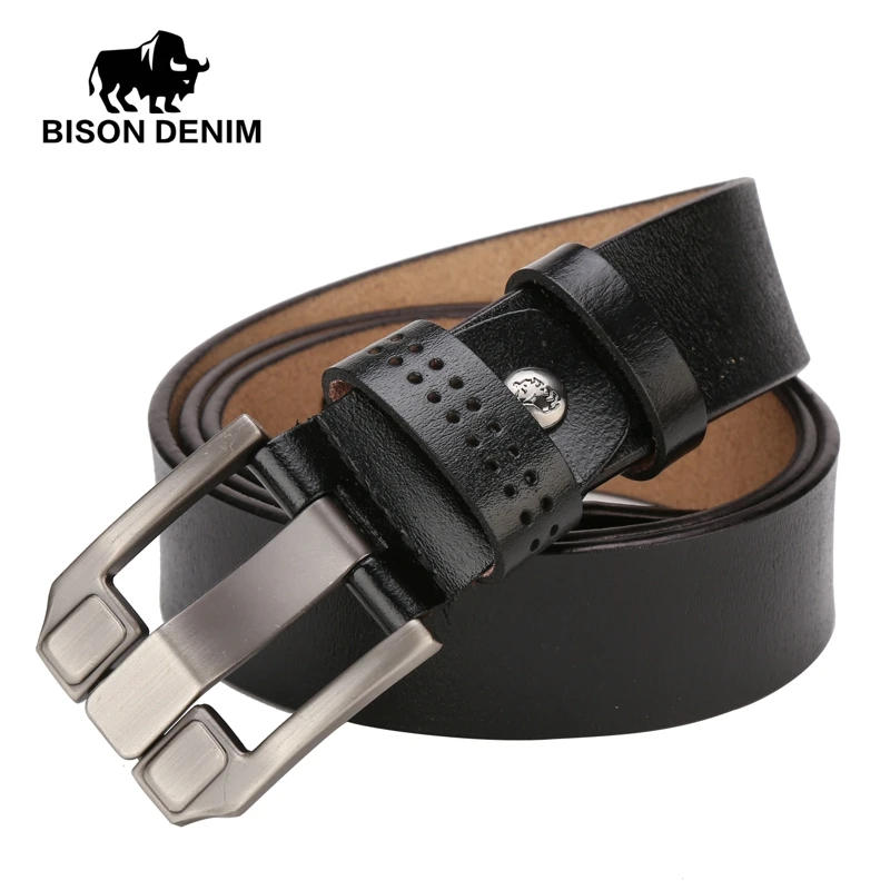 Мужской винтажный кожаный ремень BISON DENIM черный из воловьей кожи с классической