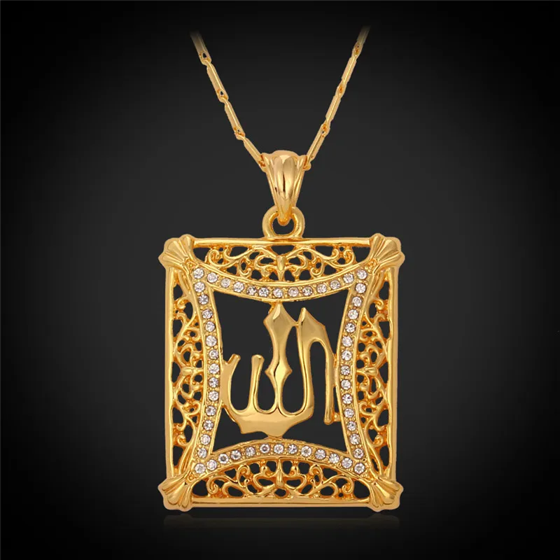 Kpop Allah Pendant yellow Gold Color Crystal Islamic Charms Necklace