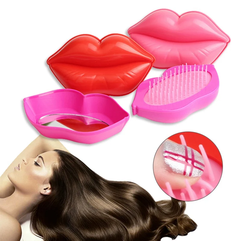 Hot Sale Sexy Red Lips Woman Magic Handle Tangle Mirror Detangling Comb