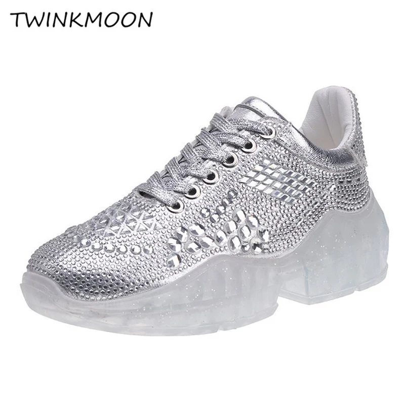 

2019 Ins Hot Shiny Rhinestone Chunky Sneakers Crystal White Clear Transparent Sole 6CM Platform Dad Trainers Women Sneakers