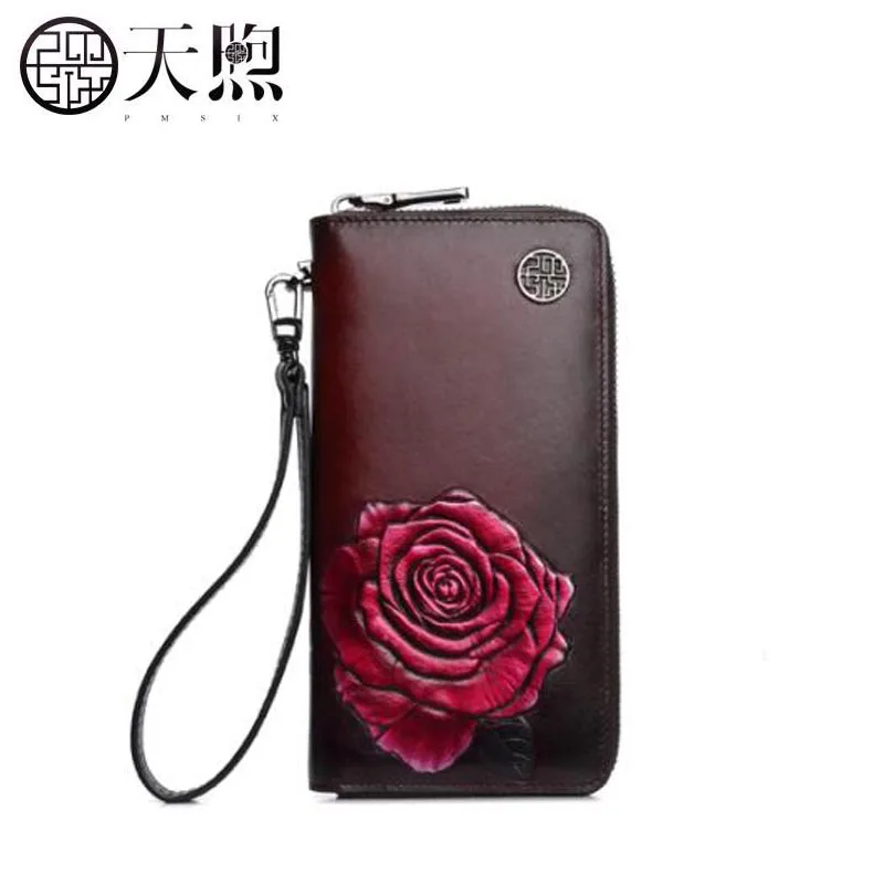 

Pmsix2018 new luxury fashion high-end leather brand national wind embroidery long zipper embroidered handbag leather clutch