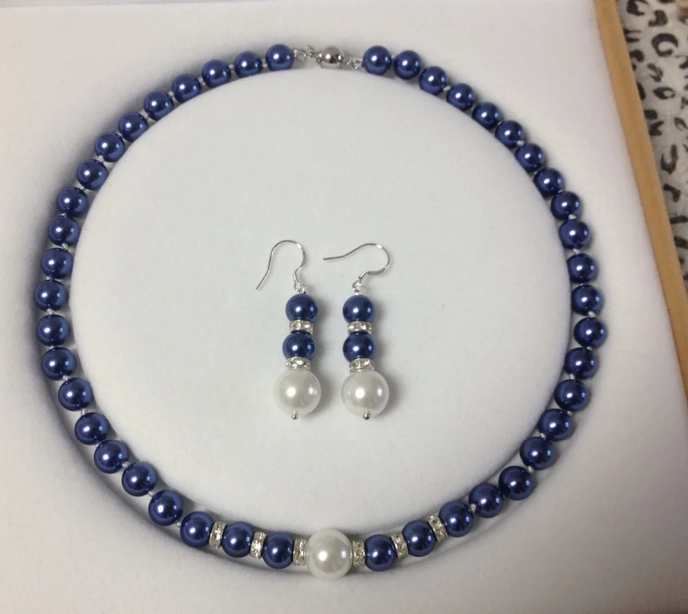 

Jxryxrth New 8MM Blue /White South Sea Shell Pearl necklace earrings set AAA Grade AA2656