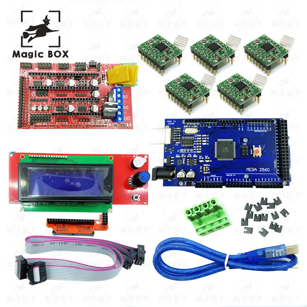

Mega 2560 R3 + 1pcs RAMPS 1.4 Controller + 5pcs A4988 Stepper Driver Module +1pcs 2004 controller for 3D Printer parts