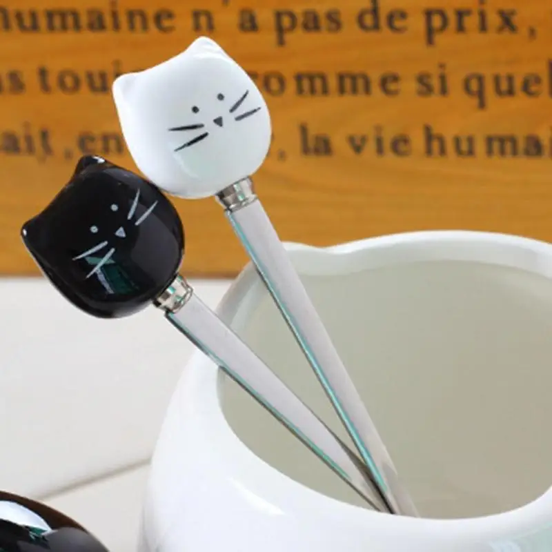 

Stainless Steel Spoons with Black White Ceramic Cat Handle Stirring Spoon Ice Cream Sugar Tea Dessert Soup Coffee Spoon 2019
