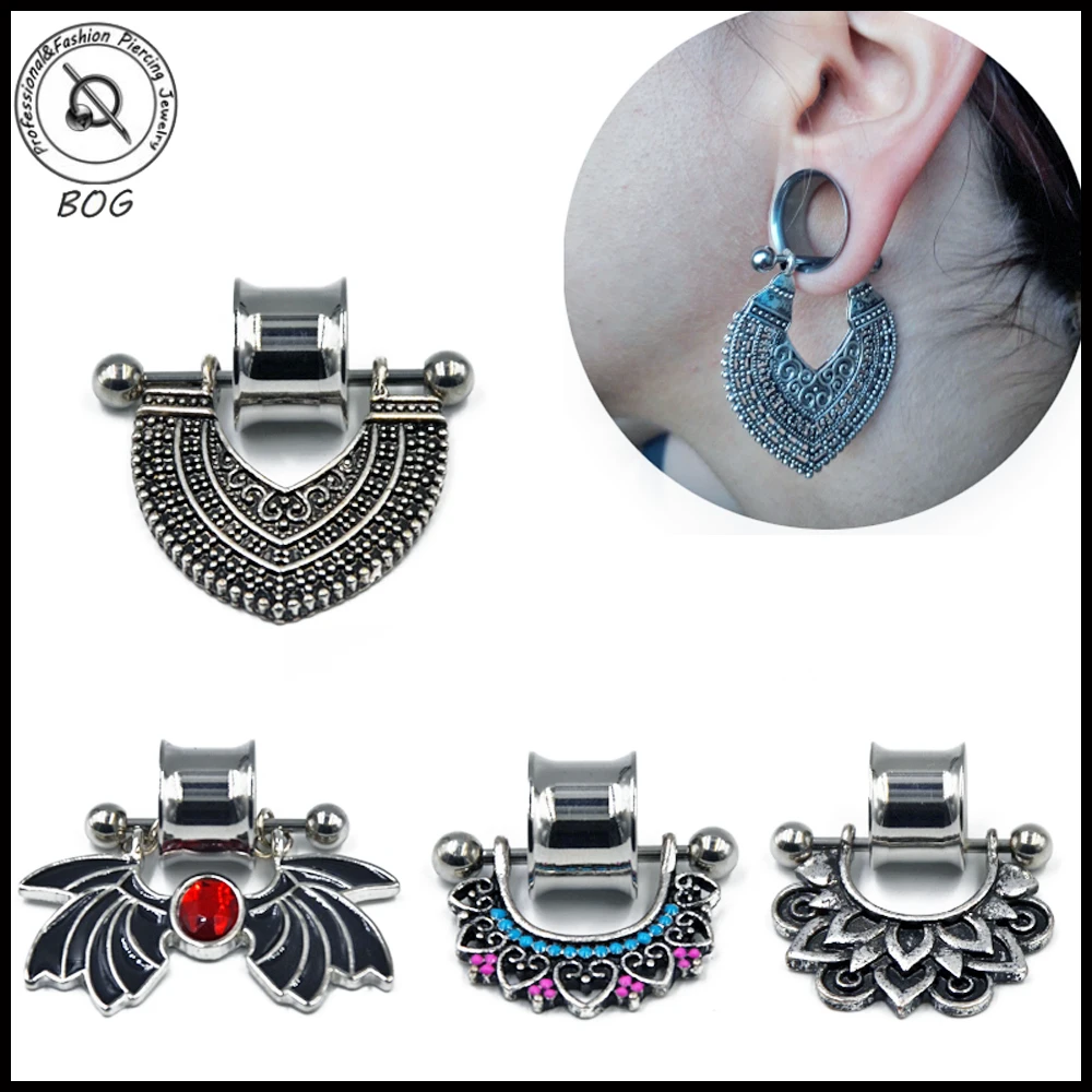 

BOG-PAIR Double Flared Ear Tunnel with Lotus Flower Nipple,Adorned Teardrop Stirrup Ear Tunnel Gauge Body Ring Piercing Jewelry