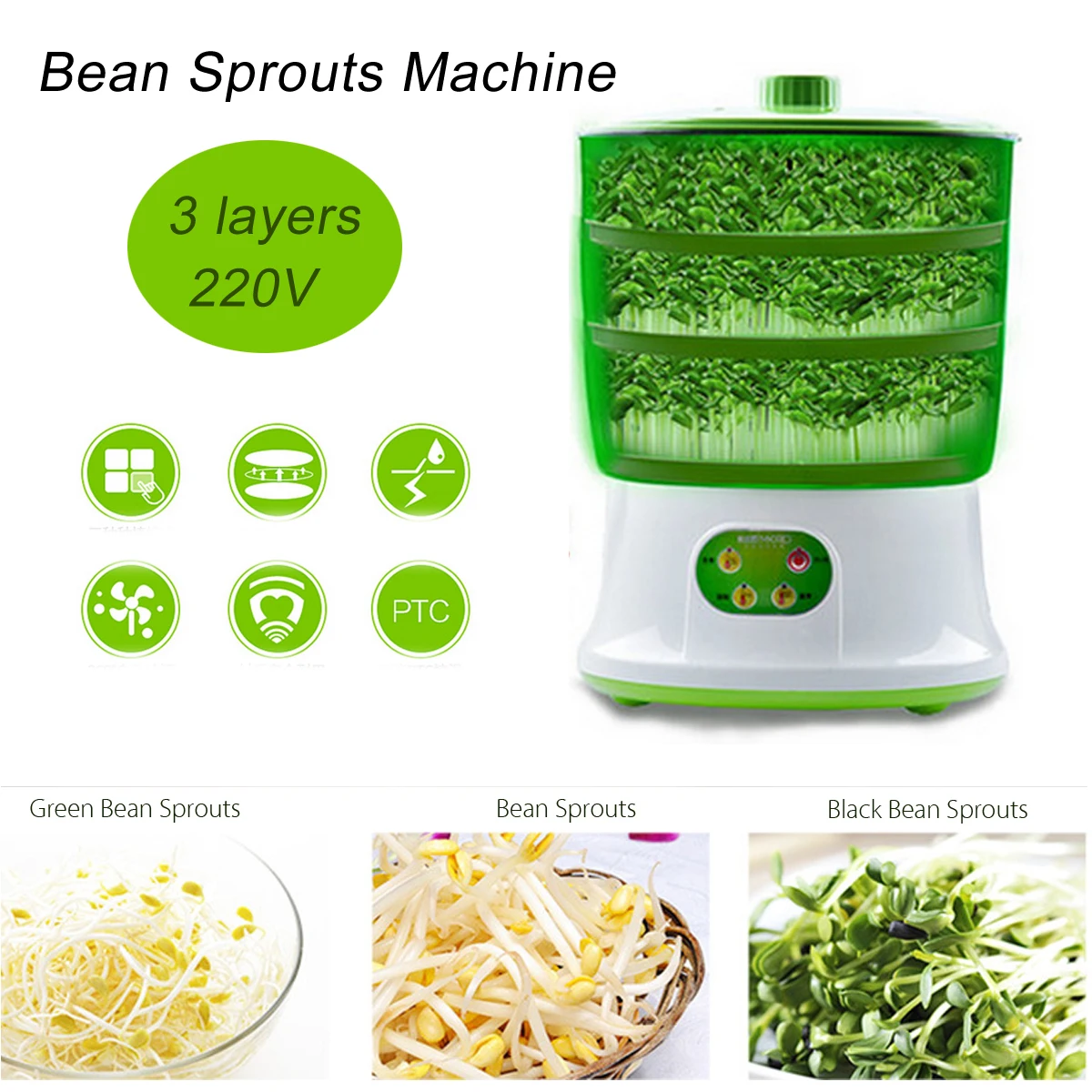 Warmtoo Intelligent 1.5L Three Layers Bean Sprouts Machine Automatic DIY Housemade Sprout Green Seeds Growing 220V 20W 26x35cm