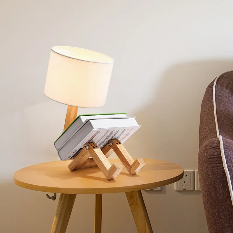  EU/US Plug Adjustable Desk Light Fabric Wooden Robot Shape Table Lamp Flexible Folding Reading Ligh