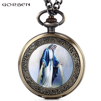 

Virgin Mary Women's Watches Roman Numerals Dial Christian Catholicism Pocket Watches Fob Chain Necklace Pendant GORBEN Watch