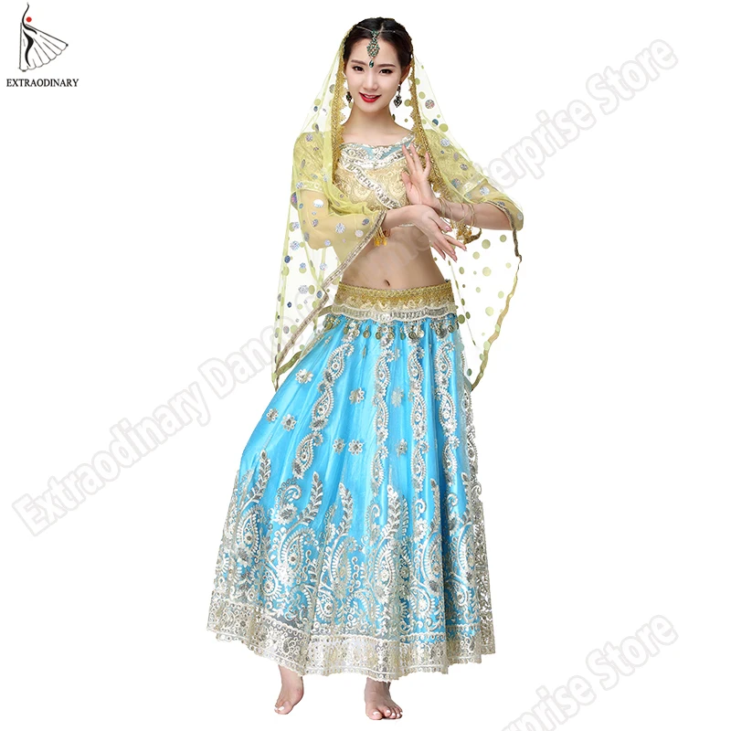 

New Bollywood Belly Dance Costume Indian Dresses For Women Dancing Suit Tops Performance Veils 4pcs Set Top Belt Skirt Sari