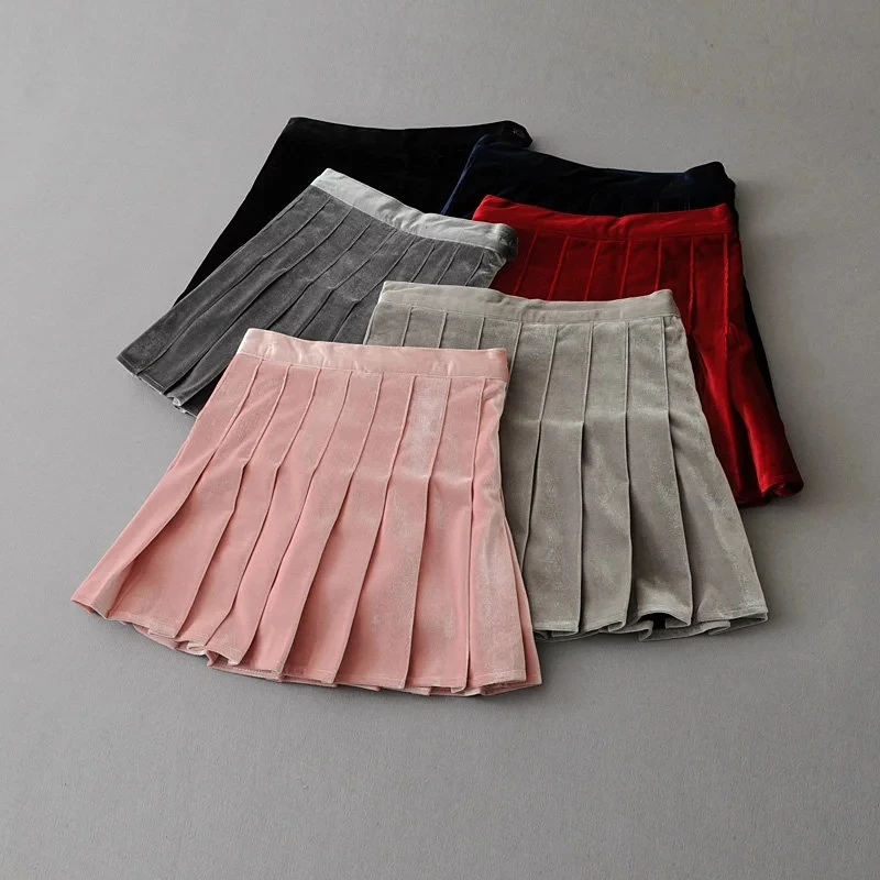 Для женщин Высокая Талия бархатные плиссированные мини-юбка с высокой посадкой бархатная юбка