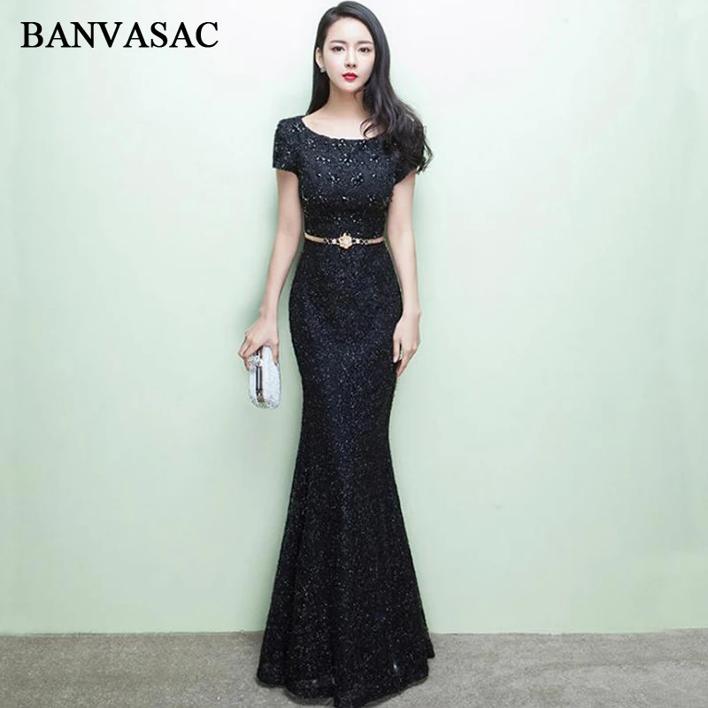 

BANVASAC 2018 Crystal O Neck Lace Appliques Mermaid Long Evening Dresses Party Metal Sash Short Cap Sleeve Prom Gowns