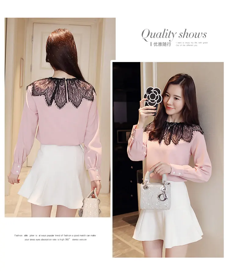 2019 New Autumn Tops Women Fashion Lace Patchwork Blouses Casual Long Sleeve Chiffon Blusas Mujer Pink White Shirt Female (6)