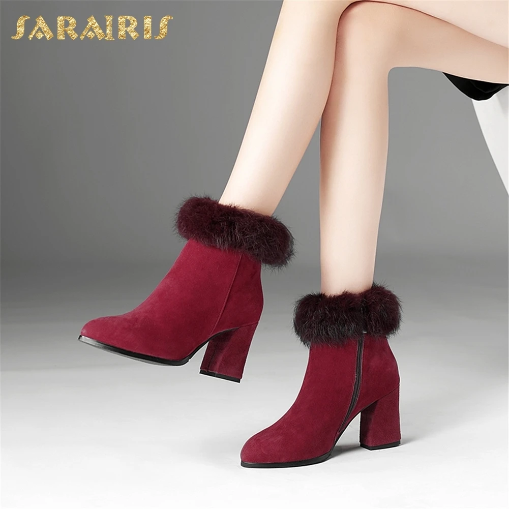 

SARAIRIS 2018 Kid Suede Plus Size 33-45 Zip Up Add Fur Ankle Boots Winter Warm Shoes Woman High Heels Women Shoes